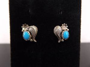 .925 Sterling Silver Turquoise Cabochon Navajo Feather Post Earrings