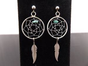 .925 Sterling Silver Raw Turquoise Accented Navajo Dream Catch Post Earrings