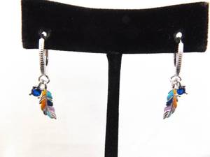 NEW .925 Sterling Silver Sapphire Crystal Colored Dangling Feather Earrings
