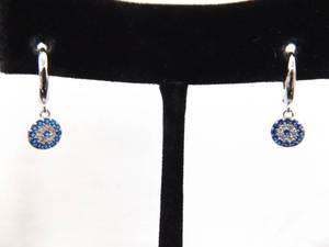 NEW .925 Sterling Silver Sapphire Crystal Dangle Hoop Earrings