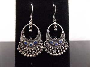 .925 Sterling Silver Inlayed Lapis Lazuli Tribal Dangle Hook Earrings