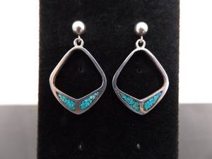 .925 Sterling Silver Inlayed Turquoise Tribal Dangle Post Earrings