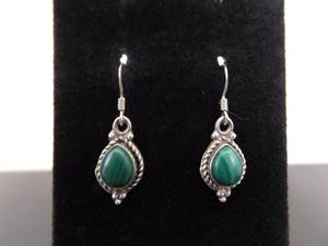 .925 Sterling Silver Malachite Cabochon Dangle Hook Earrings