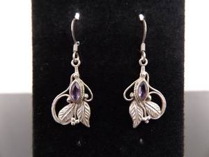 .925 Sterling Silver Marquis Cut Amethyst Feather Dangle Hook Earrings