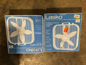 Lot of 2 Lasko 20 in. 3 Speeds Box Fan in White with Save-Smart Technology for Energy Efficiency, Carry Handle Customer Returns See Pictures