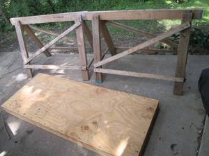 Pair of wood saw horses and wood 66...