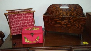 lot 47 image: Vintage Yarn Holder, Sewing Box And Magazine Holder.