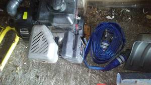 lot 415 image: Transfer Pump and Hoses. 8.5 HP, Used 1 time, Runs. 2 hoses and hook ups.