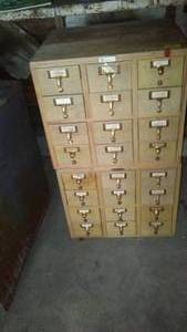 lot 444 image: Card Catalog Cabinet. actually splits in half for convenient configuration.