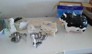 lot 317 image: Cow Cookie Jar, GE  Hand Mixer And More.