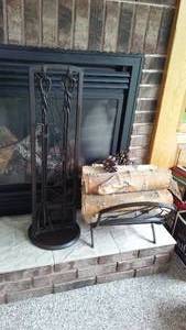 lot 179 image: Hanging Fireplace tools and Firewood holder.