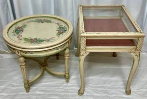 lot 40 image: French Style Decorated Glass Top Display End Table and Handpainted Glass Top Accent Table