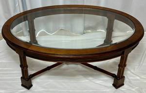 lot 46 image: Vintage Oval Coffee Table with Beveled Glass Top