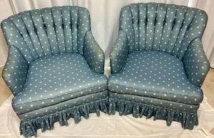 lot 51 image: Matching Pair of Upholstered Ruffled Bottom Arm Chairs