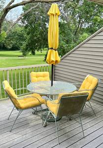 lot 56 image: Wrought Iron Outside Patio Furniture - Includes 4 Chairs, Cushions, Umbrella, and Umbrella Stand