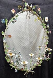 lot 1 image: Italian Floral Tole Wall Mirror Candelabra 4 Arm Metal Tole Removable Candelabra 34.5 H x 25.5 W