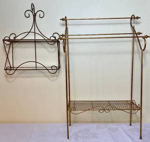 lot 63 image: Vintage Gold Brass Towel Rack and Vintage Hollywood Regency Gold Gilt Scrolling 2 Tier Hanging Display Wall Shelf