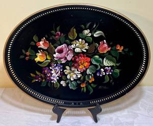 lot 30 image: Nashco Floral Hand Painted Black Oval Tray