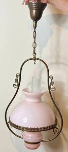lot 41 image: Transluscent Rose Colored Hanging Brass Ceiling Light Fixture