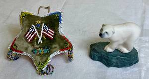 lot 97 image: Native American Iroquois Beadwork Pin Cushion and Vintage Polar Bear Figurine by Dega
