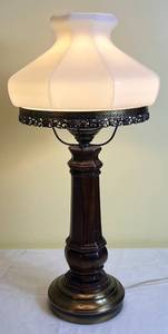 lot 53 image: Vintage 1970s Wood, Brass and White Milk Glass Table Lamp