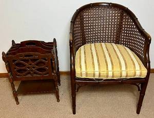 lot 42 image: Vintage Cane and Oak Barrel Chairs with Open Work Magazine Rack Portable Caddy