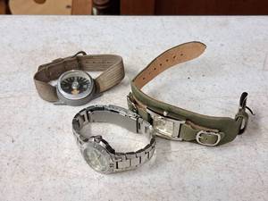 lot 250 image: (2) Wrist Watches and (1) Compass with Wrist Band