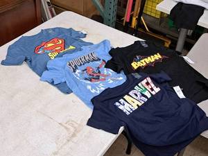 lot 340 image: Super Hero theme Clothing - (3) Super Hero Shirts Size Small, (1) Marvel Short Size Medium