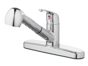 lot 131 image: Mainstays Single Handle Kitchen Sink Faucet with Pull-Out Sprayer and Chrome Finish