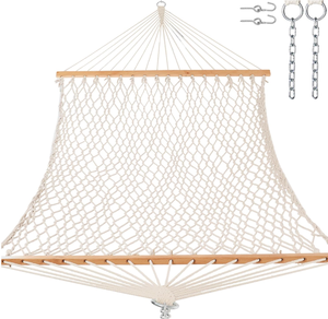 lot 147 image: Double Hammocks, Handwoven Traditional Cotton Rope Hammock with Hardwood Spreader Bar