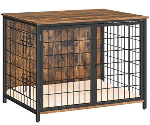 lot 207 image: Dog Crate Furniture with Cushion, Wooden Dog Kennel with Double Doors