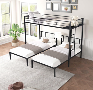 lot 301 image: Triple Bunk Bed for 3, Metal Twin Bunk Beds Frame with Built-in Ladders & Full-Length Guard Rails
