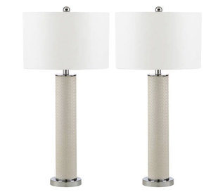 lot 331 image: SAFAVIEH Ollie 31.5 in. H Faux Column Table Lamp, Cream Faux Woven Leather, Set of 2