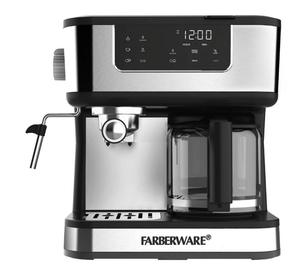 lot 345 image: Farberware Dual Brew, 10 Cup Coffee  Espresso, Black and Stainless Finish, Touchscreen Display