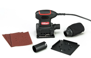 lot 352 image: Hyper Tough 2 Amp Corded 14 Sheet Palm Sander with Dust Bag, Vacuum Hose Adapter, Punch Plate & 3 Sanding Sheets