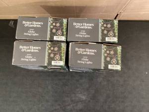 lot 586 image: LOT OF 4 Better Homes & Gardens 20-Count Clear Glass Globe G40 Bulbs Outdoor String Lights