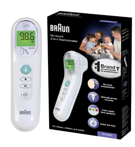 lot 596 image: Braun No Touch 3-in-1 Thermometer, Measures Forehead, Liquid and Food Temps