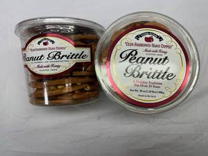 SSS. 62x 38oz Tubs Olde-Fashoned Hand Dipped Peanut Brittle 4-1.38oz Atkins Peanut Butter Cookies