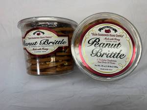 SSS. 62x 38oz Tubs Olde-Fashoned Hand Dipped Peanut Brittle 4-1.38oz Atkins Peanut Butter Cookies