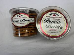 SSS. 62x 38oz Tubs Olde-Fashoned Hand Dipped Peanut Brittle 4-1.38oz Atkins Peanut Butter Cookies