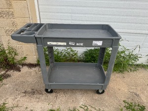 Gray Plastic Cart with Compartments and Cup Holder 17 x 40 x 33
