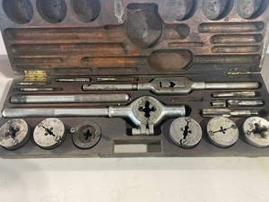 lot 70 image: ANTIQUE CHAMPION BLOWER AND FORGE TAP AND DIE SET IN ORIGINAL WOOD BOX, COOP 2 GALLON MOTOR OIL CAN, AMOCO WHEEL BEARING GREASE
