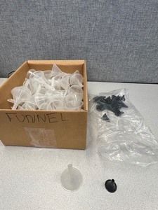 lot 7 image: Box of Plastic Funnels - 2 inch and 1 inch Innder Diameter