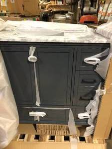 Home Decorators Collection Merryfield 37 in. Single Sink Freestanding Dark Blue-Grey Bath Vanity with White Carrara Marble Top (Assembled) Customer Returns See Pictures