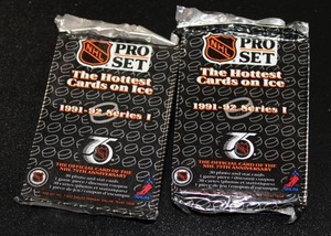 lot 44 image: 1991-92 Pro Set Series 1 Hockey Unopened Jumbo Pack Lot  11 Packs