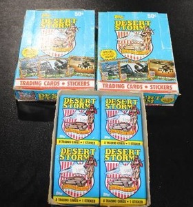 lot 27 image: 1991 Topps Desert Storm Unopened Box & Pack Lot  2 Full Boxes & 30 Loose Packs  102 Packs