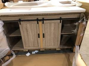 Glacier Bay Brindley 60 in. Wx 20 in. Dx 35 in.H Double Sink Freestanding Bath Vanity in Weathered Gray wWhite Engineered Stone Top Customer Returns see Pictures