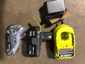 RYOBI ONE 18V Lithium-Ion Starter Kit with 2.0 Ah Battery, 4.0 Ah Battery, and Charger  Customer Returns see Pictures