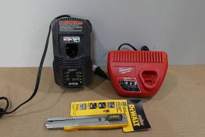 lot 141 image: Milwaukee M12, Ryobi 18V Battery Chargers with Dewalt Knife