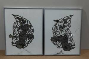 lot 201 image: 2 Framed Shadow Puppets Charcoal Art